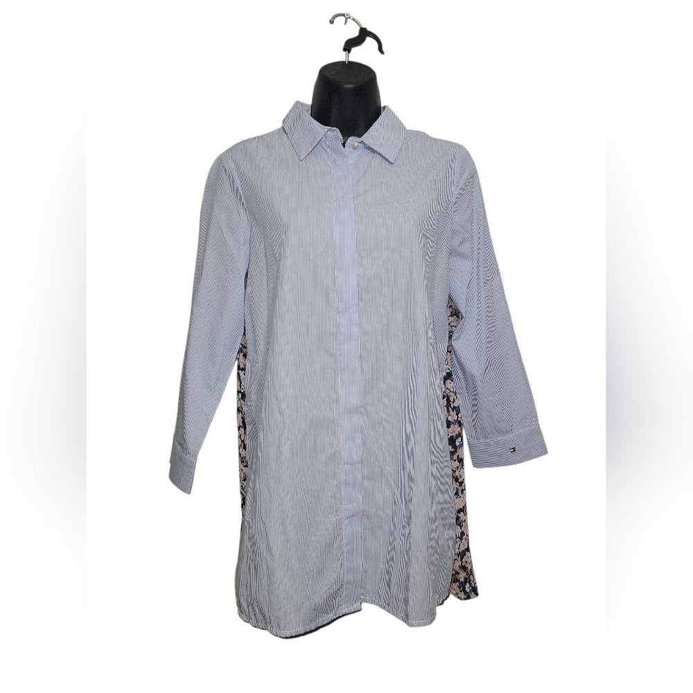 Tommy Hilfiger Mixed Media Striped Floral Pleated Back Shirt Dress XS